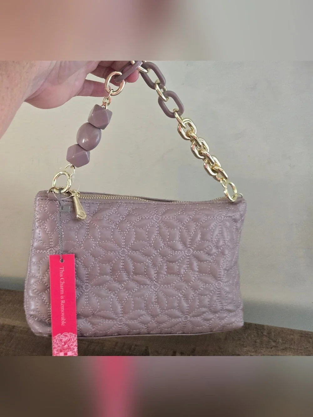 Vince Camuto Cosmetic Bag Quilted Gold Chain Charm Strap Pouch NWT